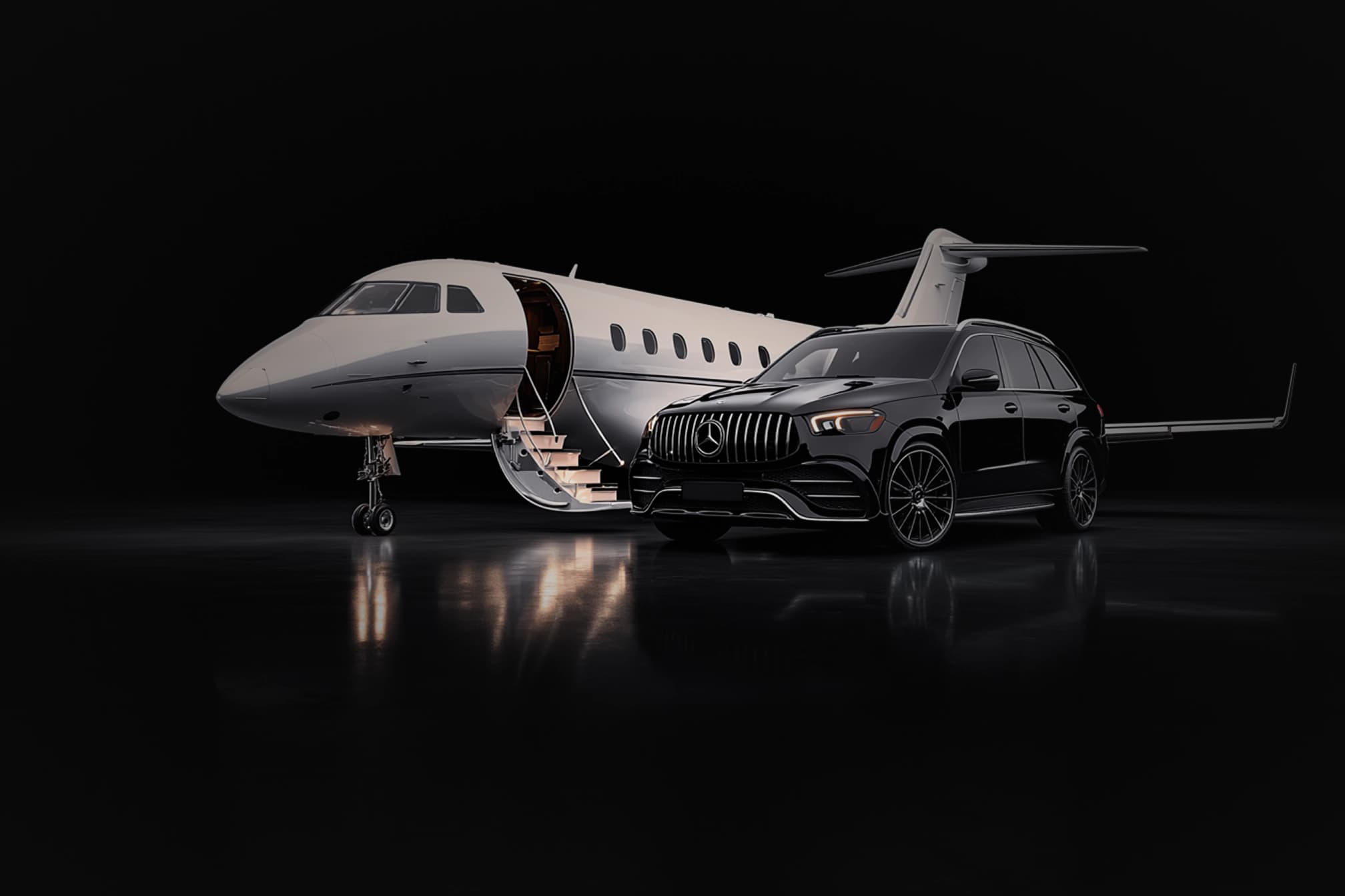 Private jet beside a luxury SUV